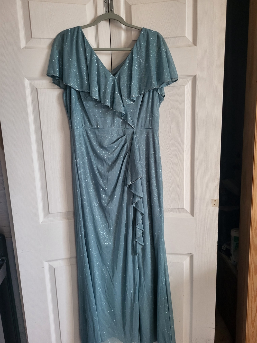 SLNY Dusty Blue Glitter Ruffle Maxi Gown